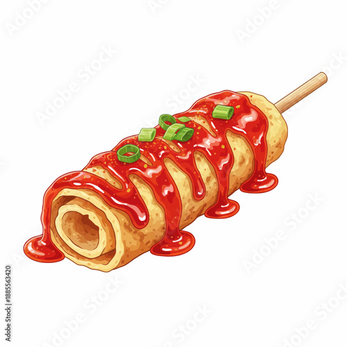 Rolled savory food item on a stick drizzled with red sauce and green onions or 'telur gulung'