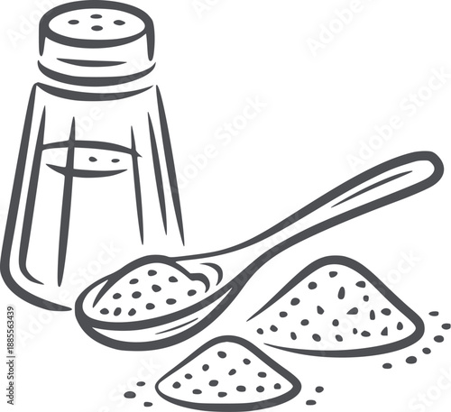 Minimalist of salt shaker and spoon with salt piles black