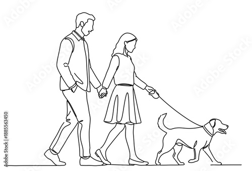 Couple walking a dog — clean line drawing
