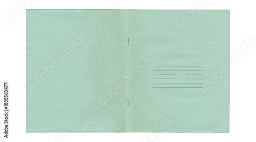 Vintage green notebook cover spread with ruled label lines, open