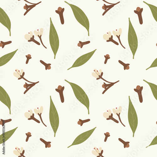 Seamless pattern of clove blossoms dried cloves and leaves on a cream background