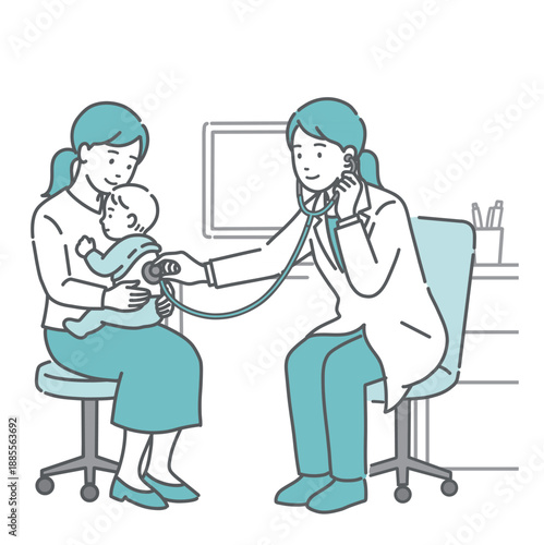 白衣を着た女性医師（小児科医）による赤ちゃんと母親の背中の聴診イラスト