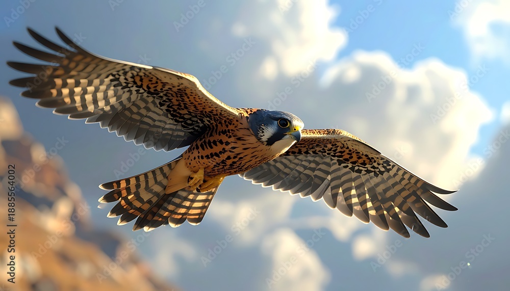 Fototapeta premium Bird with patterned wings soars against a sunny, partly cloudy sky. Soft blurred background