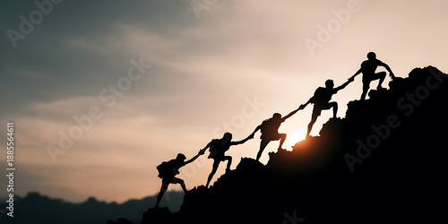 An image of silhouettes of people helping each other climb a mountain. This image symbolizes teamwork, overcoming obstacles, and shared success.