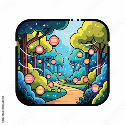 A serene forest path adorned with colorful lanterns