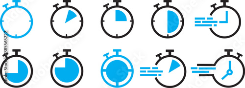 Professional stopwatch icon set. Universal timekeeping and limit symbols. Modern chronometer and interval icons buttons symbol,
