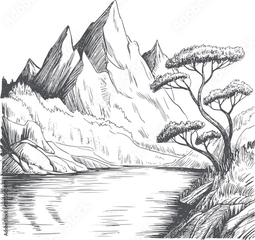 Pen and ink of mountains trees and lake with dramatic shading