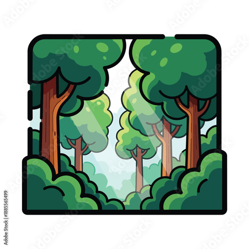 A serene forest scene with trees and bushes