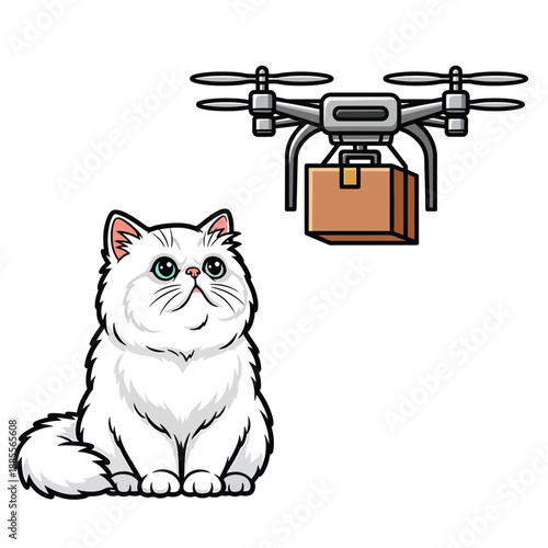 A white cat beside a drone delivering a package