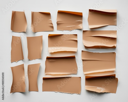 Collection of torn and creased swatches of liquid foundation makeup with smooth textures and varying shades of beige and tan against a clean white background