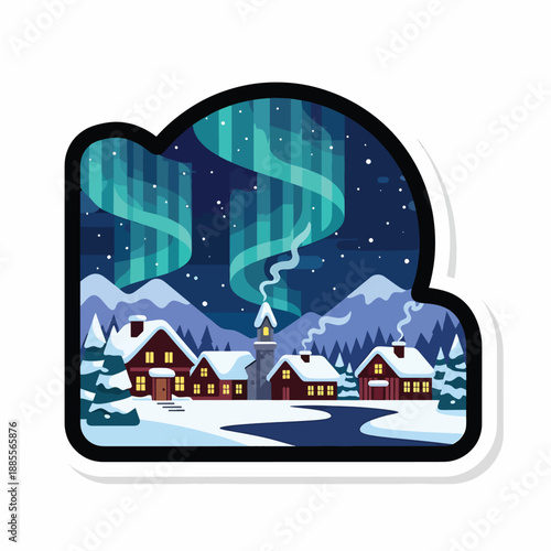 A snowy village at night with aurora