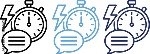 Fast response time icon set showing stopwatch lightning and message symbols in multiple colors for speed communication and efficiency concepts