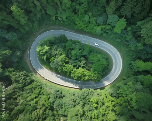 Overhead aerial view of a white car on a horseshoe-shaped road cutting through a thick, vibrant green forest with sunlight dappling the trees Keywords: overhead, aerial, view, white, car