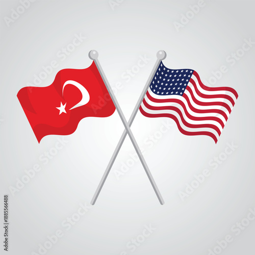Waving Turkey and United States national flags crossed on silver poles for international official partnership relations