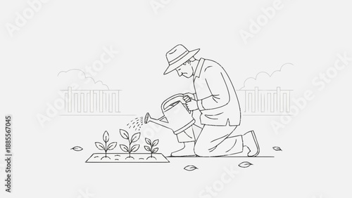 Man Watering Young Plants in a Garden.