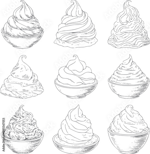 Pencil of whipped cream swirls in bowls