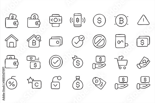 Crypto Payment and Mobile Wallet Icons for Banking Interfaces