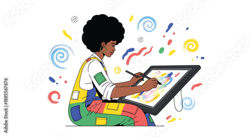 Illustration of a creative artist working on a digital drawing tablet, vibrant and imaginative style