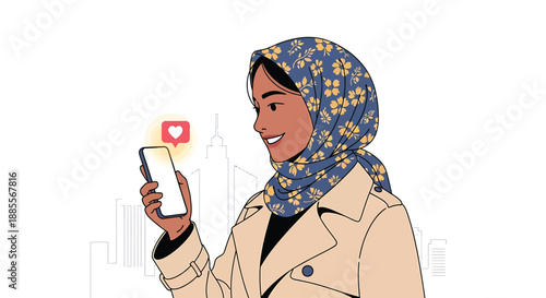 Woman in a floral hijab checking notifications on her smartphone