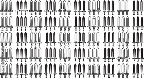 Black and white illustration of various swords and daggers on white background