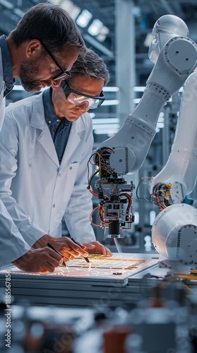Engineers Testing Robotic Vision System and Prototype Camera in High-Tech Industrial Lab