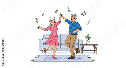 Senior couple dancing happily at home, enjoying music and moments together