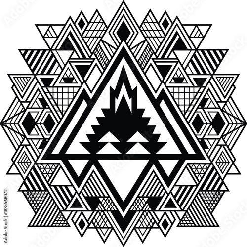 Intricate geometric mandala design featuring nested triangles and complex patterns