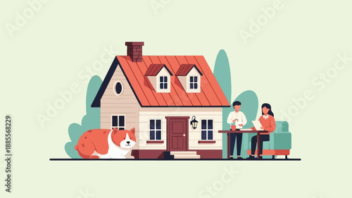 Cozy home scene with dog, people at table, and surrounding greenery