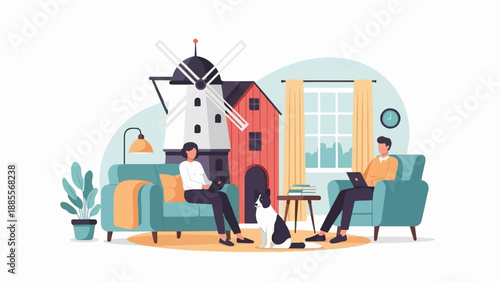 Cozy home scene with people and dog near a windmill
