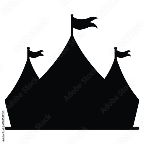 Simple black silhouette of a circus tent with three flagpoles
