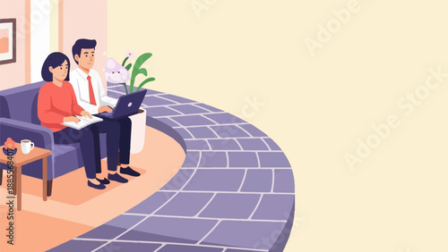 Couple working on laptop and notepad on couch with plant