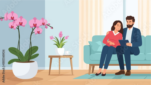 Couple sits on a teal sofa with tablet, pink orchids in pot, and side table