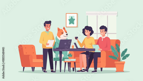 Coworkers and dog collaborate in a modern office space