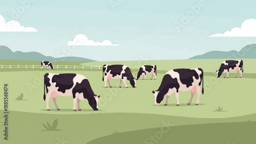 Cows graze peacefully in a serene rural pasture under a cloudy sky