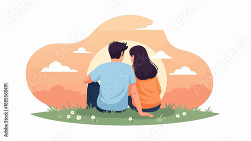 Couple sits on grassy hill, backs to viewer, watching a sunset