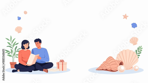 Couple sharing a moment by a plant, with seashells and pearls scattered around