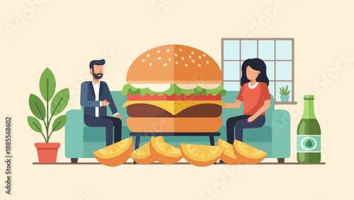 Couple sharing a giant burger with oranges and a drink on the couch