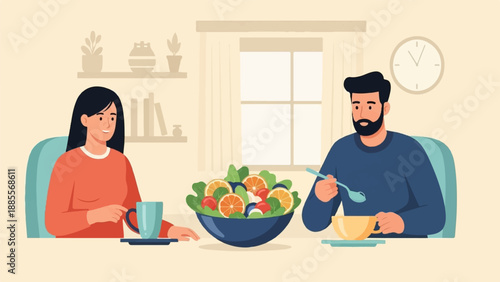 Couple sharing a healthy fruit salad and drinks at home