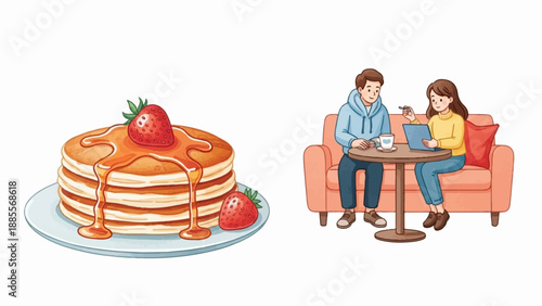 Couple shares pancakes and coffee while working on a tablet