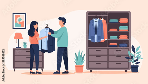 Couple selecting clothing from a wardrobe, with home decor