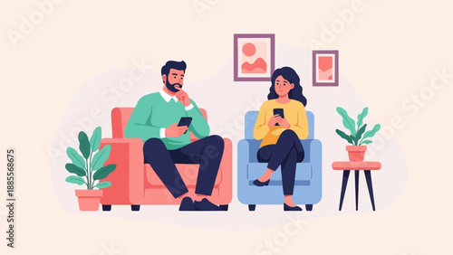 Couple sitting on sofas, engrossed in their smartphones