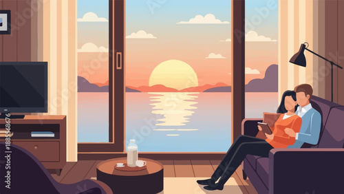 Couple relaxing by a window watching a sunset over the water