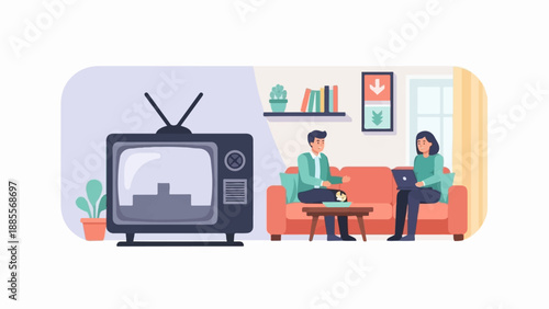 Couple relaxing at home with retro TV and modern technology