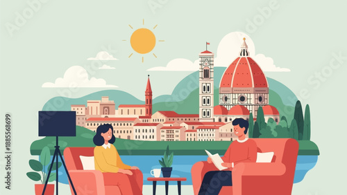 Couple relaxing at home with view of iconic Italian architecture and sun