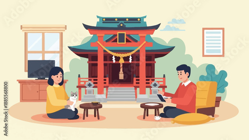 Couple relaxing at home with a traditional Japanese shrine in background