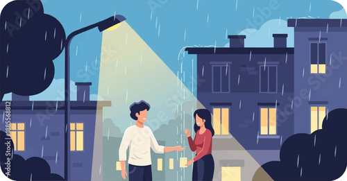 Couple standing under a streetlight during a rainy evening