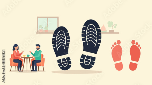 Couple talking at cafe next to large boot prints and bare footprints