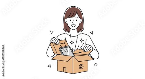 Illustration of a person opening a package with various items inside