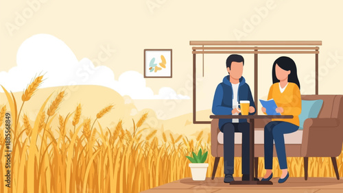 Couple enjoys drinks and reading amidst a field of golden wheat under a bright sky