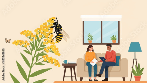 Couple talks in a room with flowers and insects